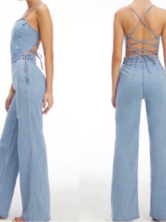 Good American Pants - Good American Light Blue Lace-Up Back Wide Leg Denim Jumpsuit
